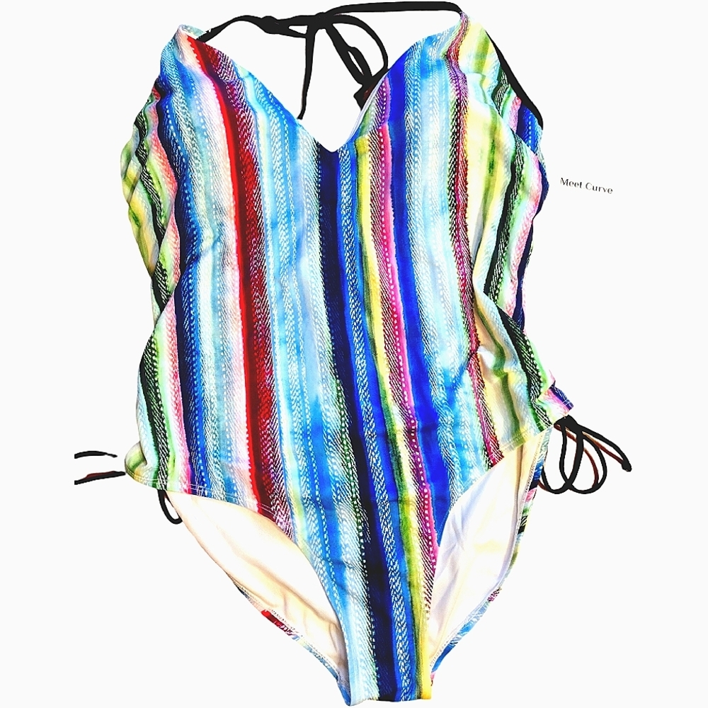 Meet. Curve Women's One Piece Striped Swimsuit, Size 2XL, Multicolored